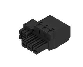 Weidmüller hybrid connector til print med tre poler og PUSH IN-aktuatorer, set skråt forfra i sort.