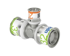 Uponor S-Press MLCP T-stykke til 32mm og 20mm alupex-rør, lavet af forkromet messing med grøn og orange mærkning.