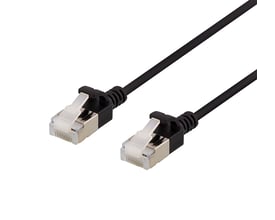 DELTACO U/FTP Cat6a patchkabel i sort, 0,3 meter, med tynd profil og klare RJ45-stik.