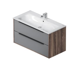 AM.PM Flash møbelpakke i grå med mat overflade, 100 cm bredde, viser to skuffer og integreret håndvask med armatur.