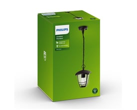 Philips Creek udendørs pendellampe i sort aluminium, vist på grøn emballage med produktillustration og E27 fatning.