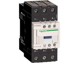 Detaljeret billede af Schneider Electric TeSys D kontaktor, model LC1D40AP7, med fokus på dens 3 poler, 230VAC spole og 1NO+1NC kontakter.