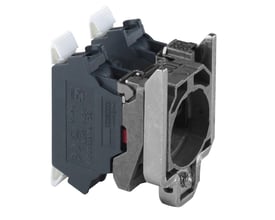 Schneider Electric ZB4 kontaktelement med 2NC fjeder, set fra siden med fokus på push-in klemmer og metalmontering.