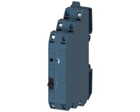 Siemens 3RS70 separationsforstærker med manuel/auto-omskifter og skrueterminaler på en hvid baggrund.