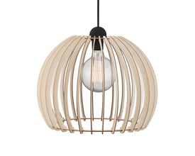 Nordlux Chino 40 pendel lampe med naturtræ lameller og synlig lyskilde på hvid baggrund.