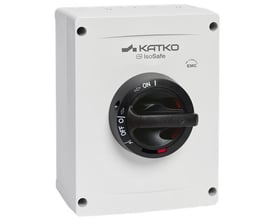 Katko KEM 380 M3EMC 2XM32MEMC EMC-isolator i lyst kabinet med sort drejehåndtag, set forfra.
