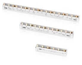 ABB sløjfeskinner med 10mm² ledere og gyldne terminaler, vist i tre forskellige længder på hvid baggrund.