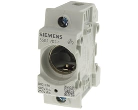 Siemens 1-polet sikringsholder 5SG1 702-1 til D02 sikringer, 63A, 400V AC og 250V DC, med rammeklemme og VDE-mærke.