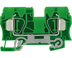 Tæt på Weidmüller ZPE 10 jordklemme, viser den grønne plastkonstruktion og den interne fjeder tilslutningsmekanisme.