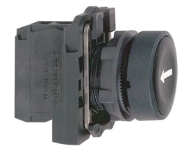 Sideprofil af Schneider Electric Harmony Style 5 trykknap i sort med hvid pil, 22mm diameter og 1NO kontakt.