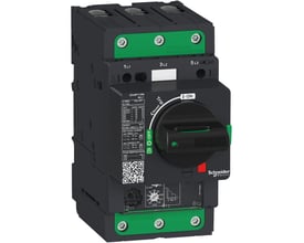 Detaljeret billede af Schneider Electric GV4P motorværn, der viser EverLink-terminaler og indstillingsskala for strømindstilling og brydeevne.