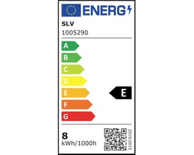 Energimærke for SLV LED-lyskilde med energiklasse E, 8 kWh/1000h og QR-kode.