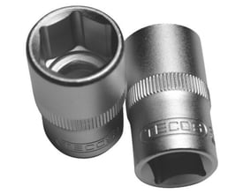Tecos top 1/2" i 34 mm, fremstillet af metal med 6-kantet indgang og rillet greb. Toppen vises på hvid baggrund.