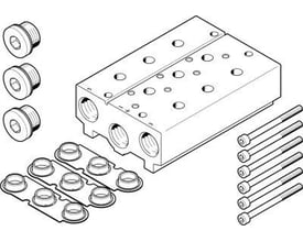 Festo tilslutningsblok VABM-B10-30S-G12-3 vist med tilbehør, herunder tre propper, pakke med pakninger og seks monteringsskruer.