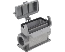 Harting sokkelhus med låg, 2xM20, 16A, set tættere på med fokus på den lukkede låsemekanisme og Harting logoet.