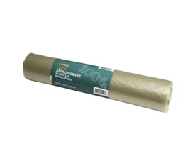 Rulle med transparent affaldssæk fra G. Funder, 120 l og 70 x 110 cm, med grøn etiket.