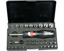 Tecos 1/4" T-B035 topnøglesæt med skraldeskruetrækker og 35 dele bits i sort plastkuffert.