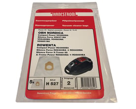 Pakke med 5 hvide Hanestrom støvsugerposer til OBH Nordica Silence Force, viser emballage med produktinformation og en illustration.