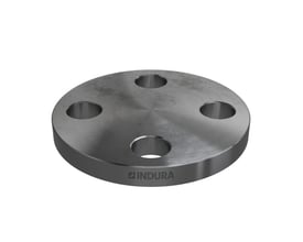 Indura blindflange 1/2" med tydeligt Indura logo, viser bolt huller og glat overflade af stål.