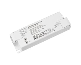 Hvid Envilar LED-paneldriver på 45 W med NFC og dæmpning, vist skråt oppefra med mærkning og tilslutningsdæksler.