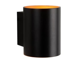 SpectrumLED G9 Squalla Tube-væglampe i sort og guld, set forfra med cylindrisk skærm og guldfarvet inderside.