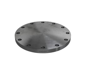 Oversigtsbillede af Indura 10" blindflange i ASTM A105N stål med 150 lbs RF klassificering, mærket med 'Indura'.