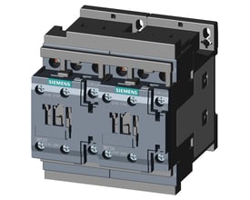 Siemens Sirius 3RT20 reversibel kontaktorkombination med 3 poler og skrueterminaler, vist fra siden på hvid baggrund.