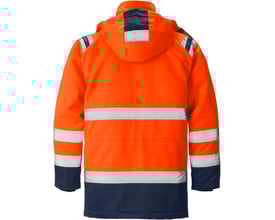 Kansas hi-vis parka jakke, str. M, vist bagfra i orange med mørkeblå detaljer og reflekser på ærmer og ryg.