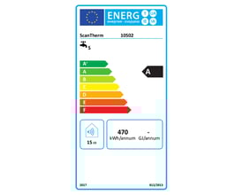 ScanTherm energimærke A for gennemstrømningsvandvarmer 18/21/24 kW, viser lydniveau 15 dB og årligt forbrug på 470 kWh.