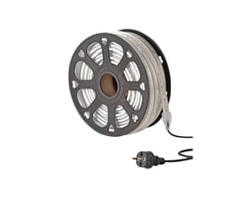 Arbejdslys LED-strip på 50 meter, rullet op på en sort tromle med tilslutningsledning og stik.
