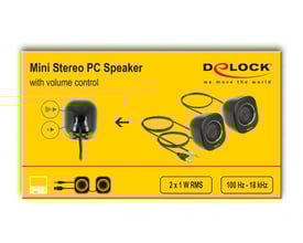 Delock mini stereo PC-højttalere i sort med volumenkontrol og USB-strøm samt 3.5mm jack-stik vist på gul baggrund.