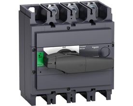 Schneider Electric Compact INS630 lastadskiller med 630A mærkestrøm og 3 poler, vist med sort håndtag i OFF position.