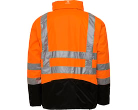 ELKA 2-i-1 jakke i orange og sort, størrelse M, vist bagfra med reflekser og sort bund.