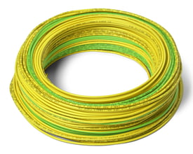 Rundt bundt af installationsledning H07Z1-U Hf 1G2,5 i grøn/gul farve med 100 meters længde.