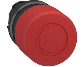 Fron view af Schneider Electric nødstophoved, viser det røde tryk/træk element med en 40mm diameter.
