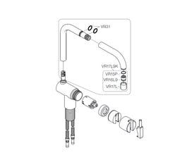 Eksploderet tegning af Vola KV1 servicesæt i børstet krom, viser alle reservedele som o-ringe, patron og diverse beslag.