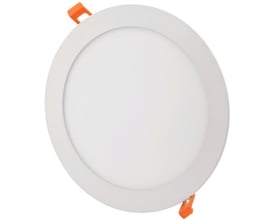 Rundt, hvidt 24 W LED-indbygningspanel med lysflade og synlige orange monteringsclips.