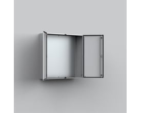 Eldon vægskab med dobbeltlåge monteret på grå væg, viser kabinettets lysegrå finish og dimensioner.