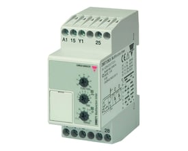 Carlo Gavazzi multifunktionstidsrelæ med lysegråt kabinet, drejeknapper og synlige tilslutningsklemmer.