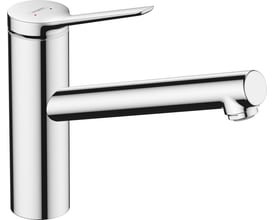 Nærbillede af Hansgrohe Zesis M33 køkkenarmatur i forkromet messing med en 220mm tud og et enkelt greb.