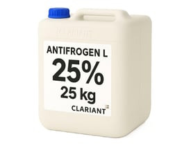 Dunk med Clariant Antifrogen L propylenglykol, 25 % koncentration og 25 kg, set lidt på skrå med blåt låg.