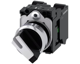 Siemens 22 mm rund omskifter med metalhus i sort og hvid, med 1NO-1NC kontakt og fjederreturfunktion.