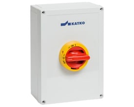 Katko sikkerhedsafbryder 3P 125A i gråt plastikhus, med gul/rød drejeknap og tydelige ON/OFF markeringer.