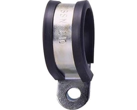 HellermannTyton Helaguard klips i rustfrit stål og sort PVC, passer til Ø50mm, vist med monteringshøl.