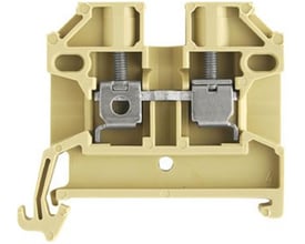 Nærbillede af en beige Weidmüller SAK 2,5/35 PA gennemgangsklemme med synlige skrueterminaler til 2,5mm² ledere.