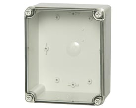 Fibox Piccolo kasse i polycarbonat med målene 170x140x95 mm og et transparent dæksel med skruer.