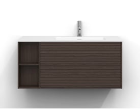 Svedbergs Epos underskab i brun ask, 100x45 cm, med to skuffer og åbne hylder, vist med håndvask og armatur.