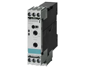 Venstreprofil af Siemens SIRIUS 3UG4 overvågningsrelæ, der viser skrueterminaler og justeringsknapper for følsomhed og forsinkelse.