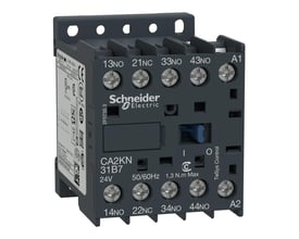 Detaljeret frontbillede af Schneider Electric hjælperelæ CA2KN31B7, der viser 3NO-1NC kontakter, 24V spænding og 50/60Hz mærkning.