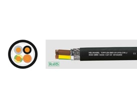 HELUKABEL motorkabel TF-EMV-UV-2YSLCYK-J 4G95 QMM 0.6/1KV, vist både som tværsnit med fire farvekodede ledere og som yderside med trykt produktinformation og CE-mærke.